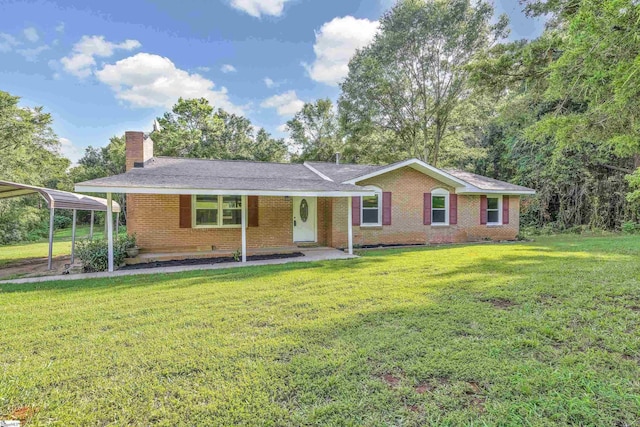 ranch-style house with a porch, a front yard, and a carport