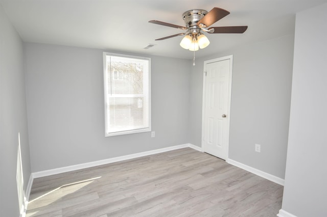 empty room featuring ceiling fan and light hardwood / wood-style flooring