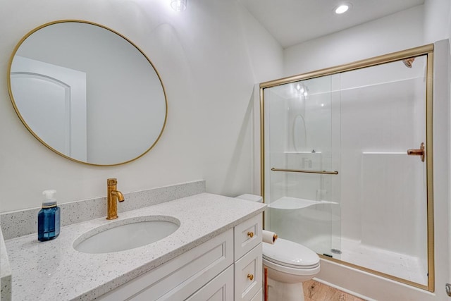 bathroom with toilet, vanity, wood-type flooring, and walk in shower