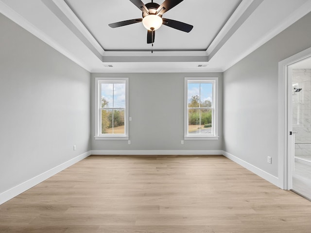 unfurnished room featuring a raised ceiling, plenty of natural light, and light wood-type flooring