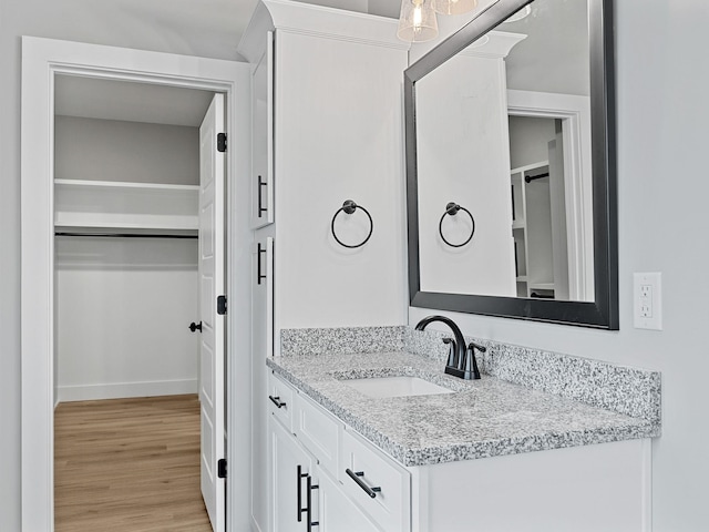 bathroom with hardwood / wood-style flooring and vanity