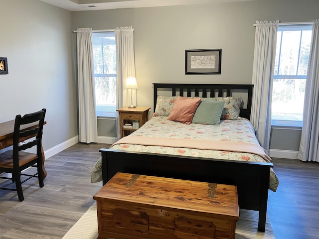 bedroom featuring multiple windows and dark wood-type flooring