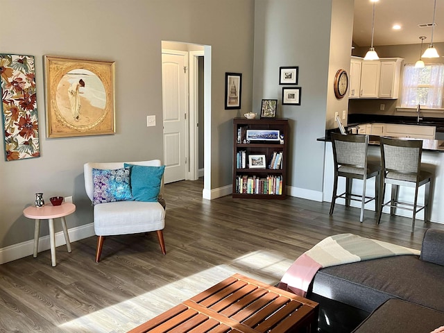 living room with dark wood-type flooring