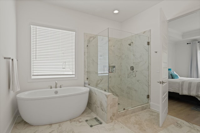 bathroom featuring plus walk in shower