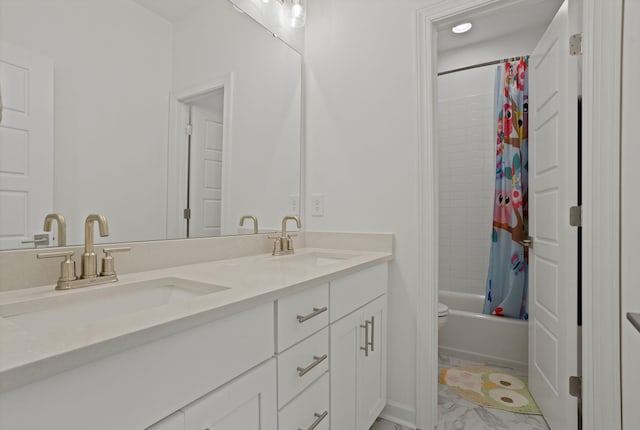 bathroom with vanity and shower / tub combo with curtain