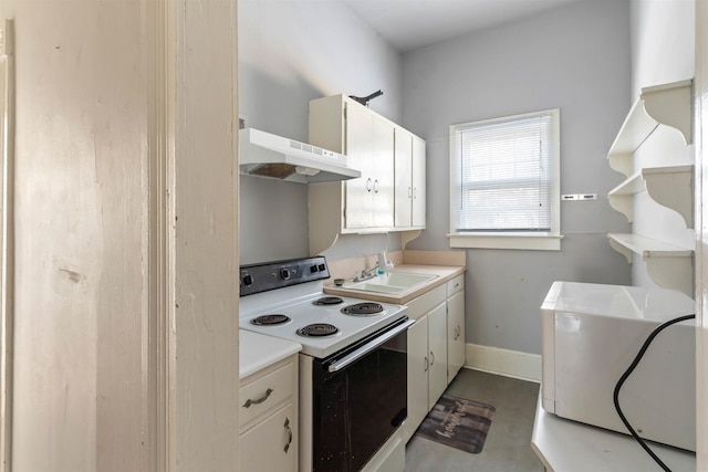 kitchen with white cabinets, white electric range oven, sink, and extractor fan