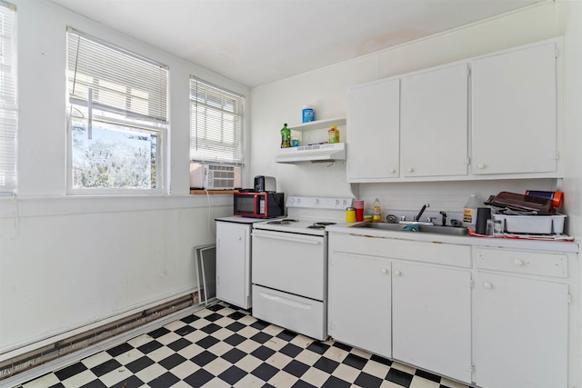 kitchen with white cabinets, white range with electric stovetop, baseboard heating, and sink