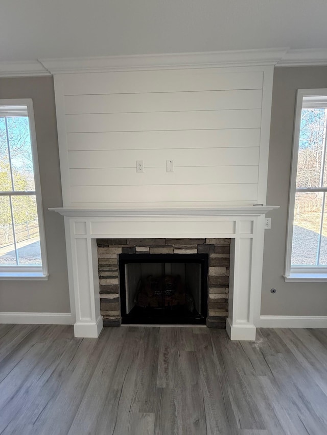 details with crown molding, wood-type flooring, and a stone fireplace