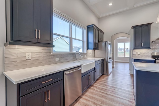 kitchen with decorative backsplash, appliances with stainless steel finishes, light hardwood / wood-style floors, and a healthy amount of sunlight