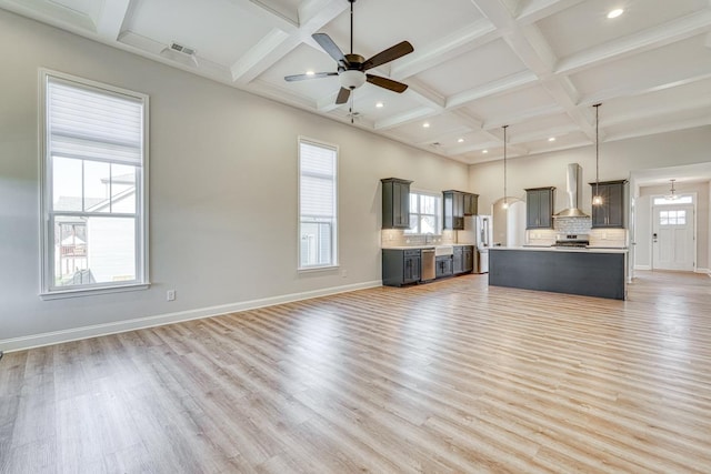 unfurnished living room featuring beamed ceiling, light hardwood / wood-style flooring, a wealth of natural light, and coffered ceiling