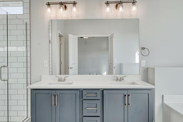 bathroom featuring plus walk in shower and vanity