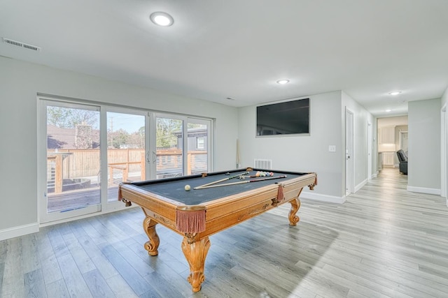 recreation room featuring light hardwood / wood-style floors and pool table