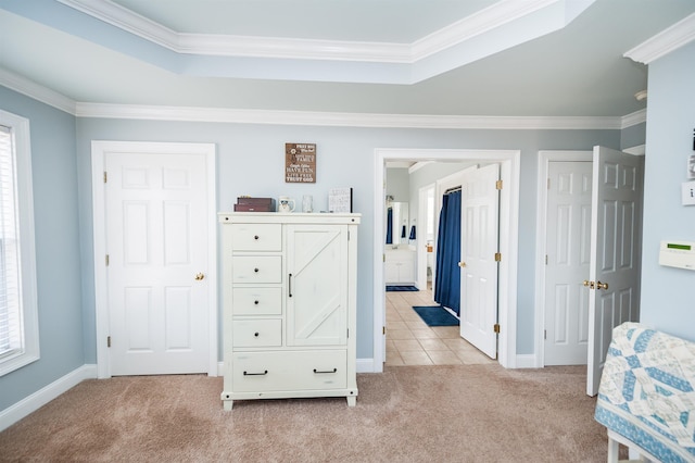 carpeted bedroom featuring multiple windows and crown molding