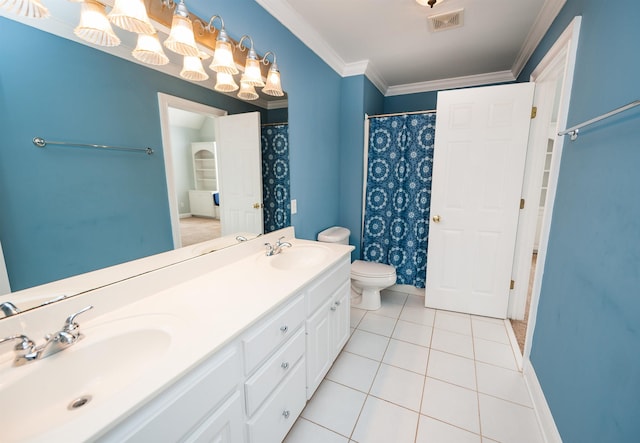 bathroom with tile patterned flooring, crown molding, toilet, vanity, and a shower with shower curtain