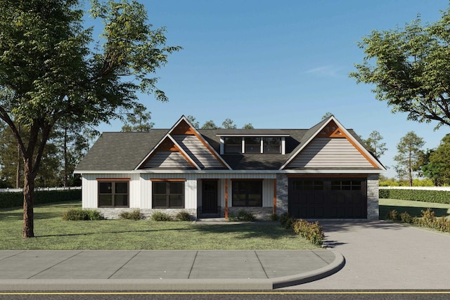 craftsman inspired home with a front lawn and a garage