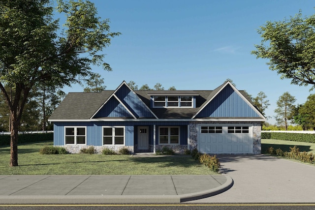 craftsman-style house with a front yard, an attached garage, stone siding, and driveway