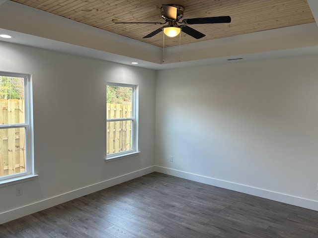 empty room featuring dark hardwood / wood-style floors, a raised ceiling, ceiling fan, and wooden ceiling