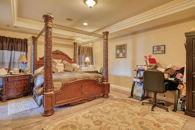 carpeted bedroom with ornamental molding