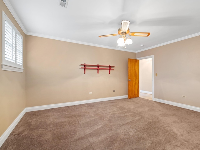 unfurnished room with carpet flooring, crown molding, and ceiling fan