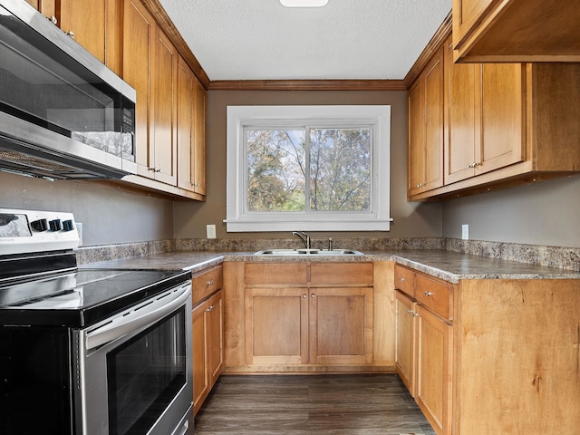 kitchen featuring sink, ornamental molding, stainless steel appliances, and dark wood-type flooring