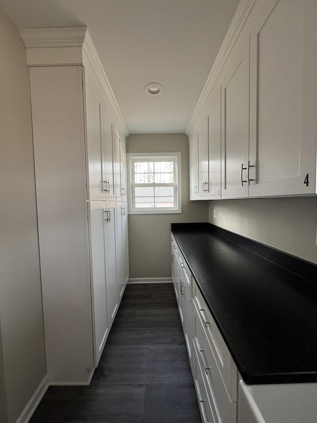 kitchen featuring white cabinets and dark wood-type flooring