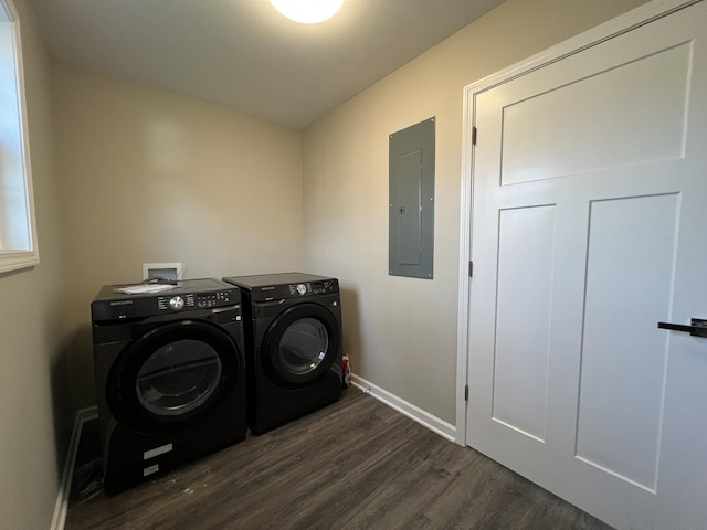 laundry room with electric panel, dark wood-type flooring, and washing machine and clothes dryer