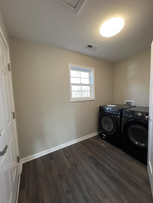 laundry room with separate washer and dryer and dark hardwood / wood-style flooring