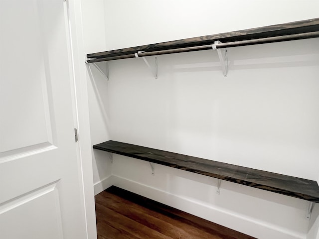 walk in closet with dark wood-type flooring