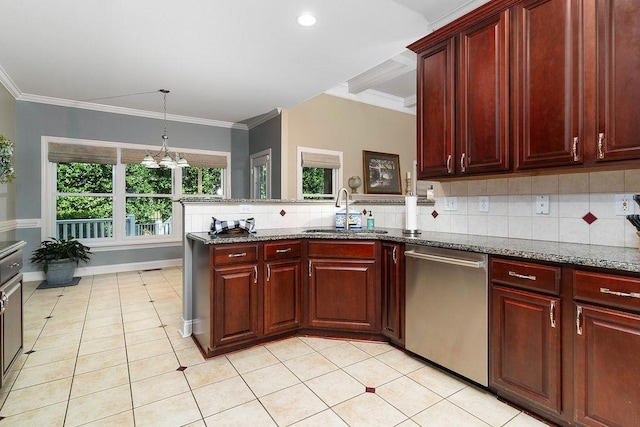 kitchen featuring tasteful backsplash, stone counters, dishwasher, and sink