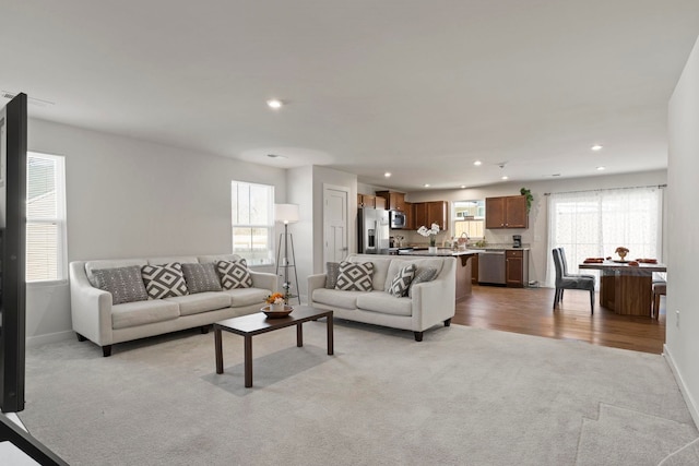 carpeted living room with plenty of natural light and sink