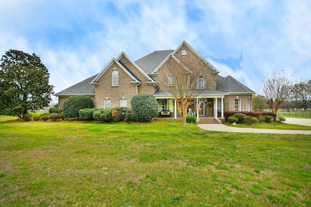 view of front facade with a front lawn and covered porch