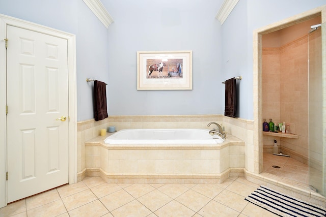 bathroom with tile patterned floors, independent shower and bath, and ornamental molding