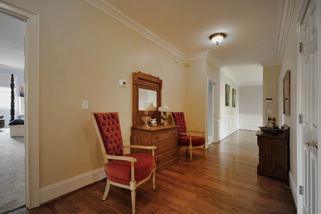 hallway with dark wood-type flooring and crown molding