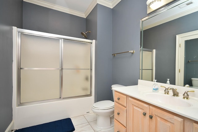 full bathroom featuring vanity, tile patterned floors, combined bath / shower with glass door, crown molding, and toilet