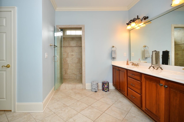 bathroom with tile patterned flooring, ornamental molding, vanity, and a shower with shower door