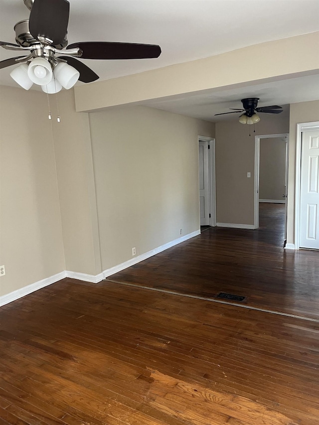 spare room featuring ceiling fan and dark hardwood / wood-style flooring