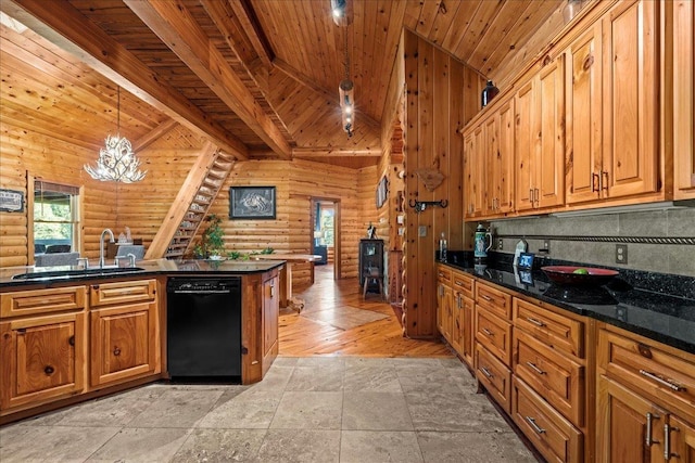 kitchen featuring wood ceiling, sink, log walls, pendant lighting, and dishwasher