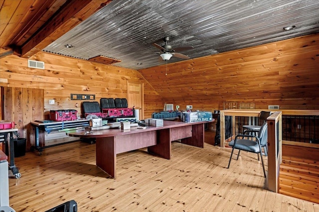 office area with ceiling fan, lofted ceiling with beams, light hardwood / wood-style flooring, wooden ceiling, and wood walls