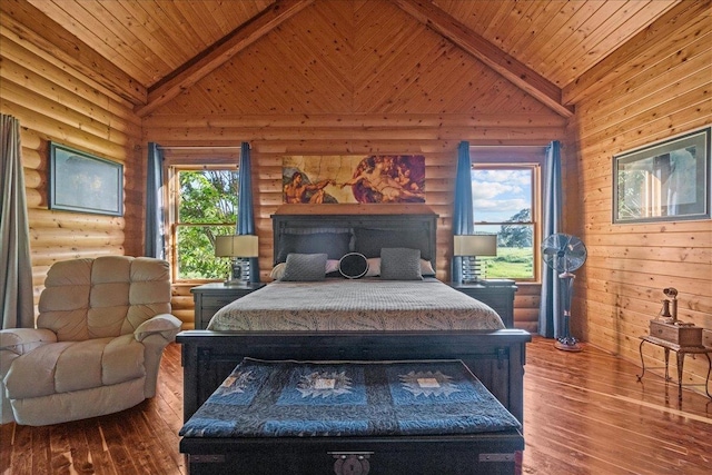 bedroom with beam ceiling, hardwood / wood-style flooring, rustic walls, and wooden ceiling