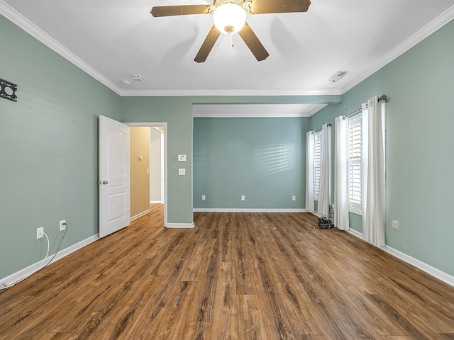 unfurnished bedroom featuring wood-type flooring, ceiling fan, and ornamental molding