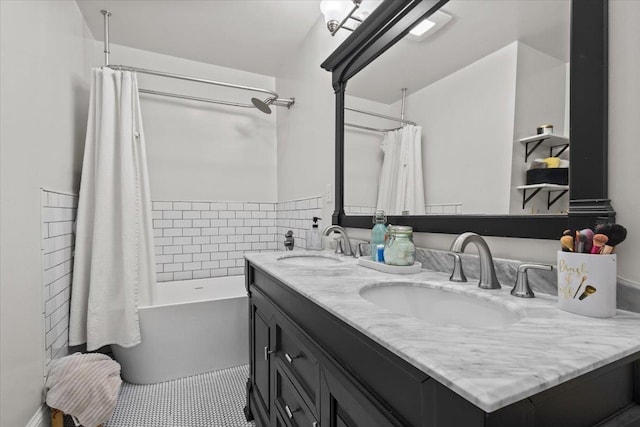 bathroom featuring vanity, shower / bathtub combination with curtain, and tile patterned floors