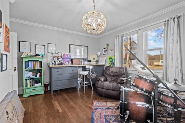 sitting room with a notable chandelier, ornamental molding, and dark hardwood / wood-style floors