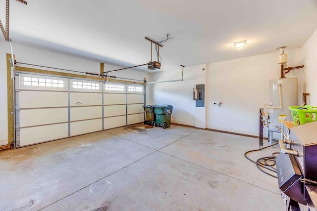 garage with electric panel, a garage door opener, and water heater