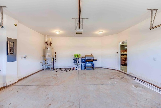 garage with electric panel, gas water heater, and a garage door opener