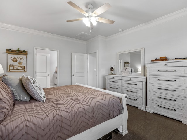 bedroom featuring dark wood-type flooring, ceiling fan, and crown molding