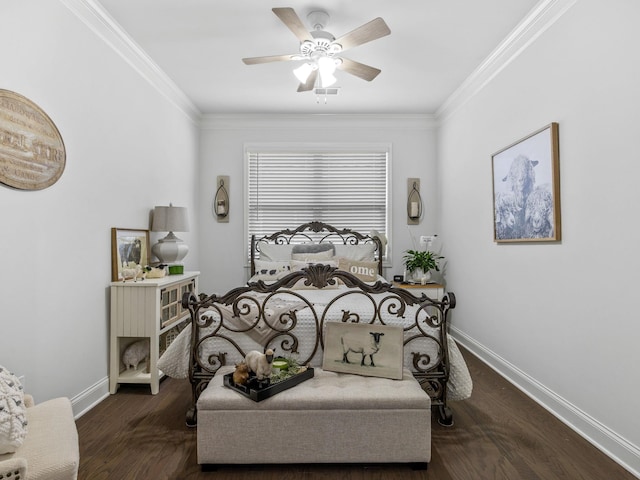 bedroom featuring ceiling fan, dark hardwood / wood-style floors, and ornamental molding