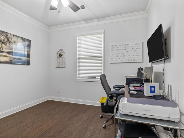 office space with dark hardwood / wood-style floors, ceiling fan, and ornamental molding