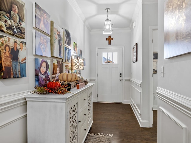 entryway featuring dark hardwood / wood-style flooring and crown molding