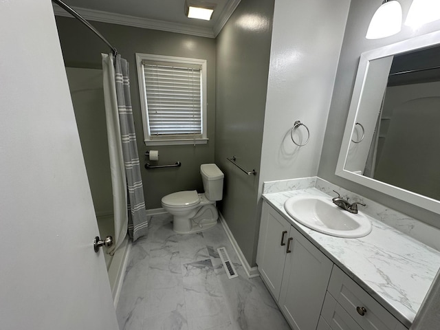 bathroom with a shower with curtain, vanity, toilet, and crown molding