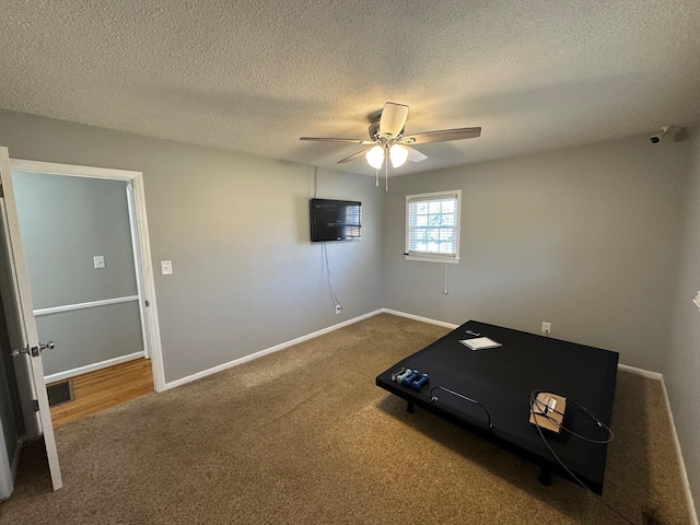 workout area with ceiling fan, carpet floors, and a textured ceiling